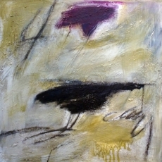 Bye Bye Blackbird #1<br>2014<br>19 1/2 x19 1/2 <br>Oil, oil stick, encaustic, on wood panel<br><em></em>